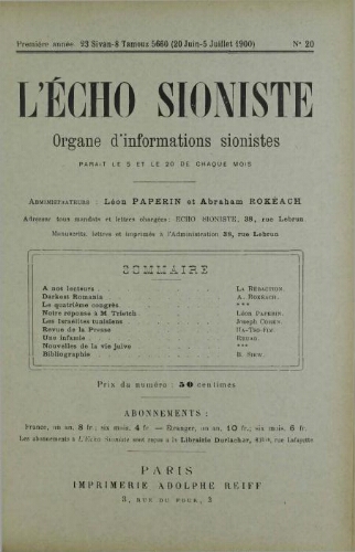 L'Echo Sioniste. Vol. 1 n° 20 (20 juin 1900)